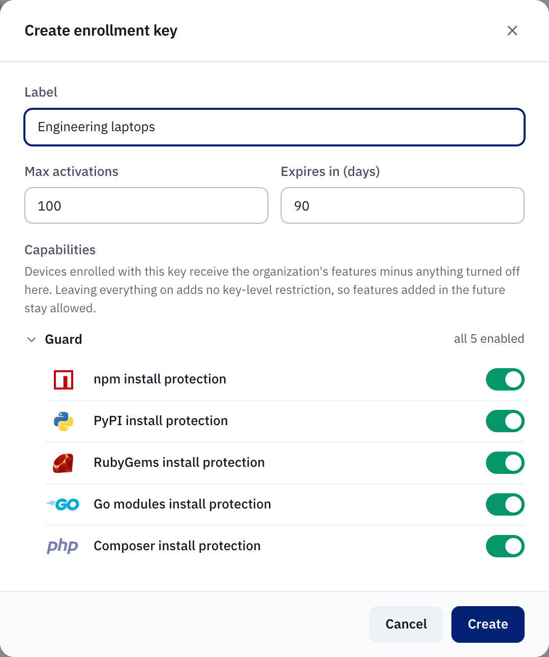 The create enrollment key dialog