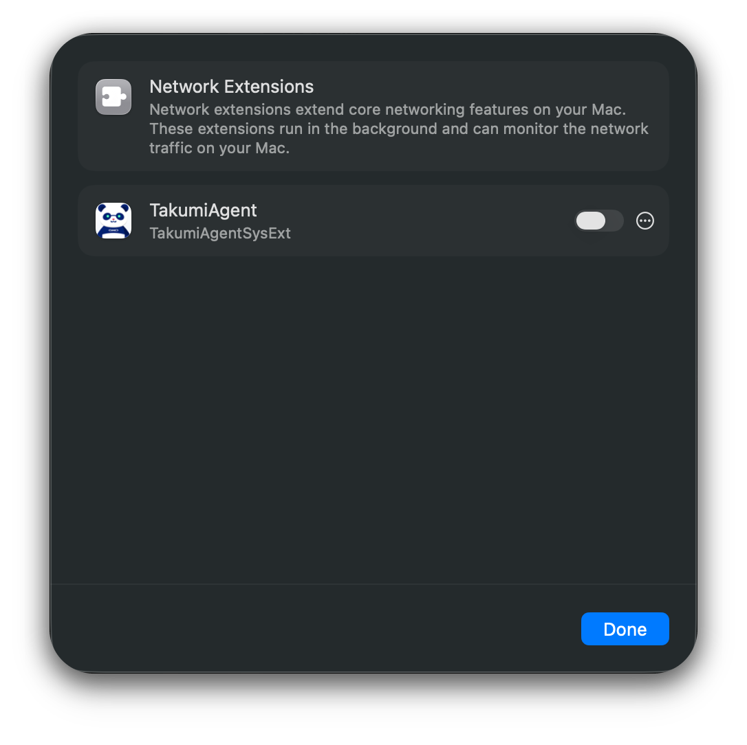 The TakumiAgent switch under Network Extensions