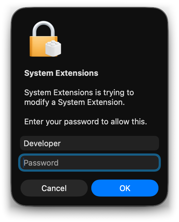 The administrator password prompt for the system extension