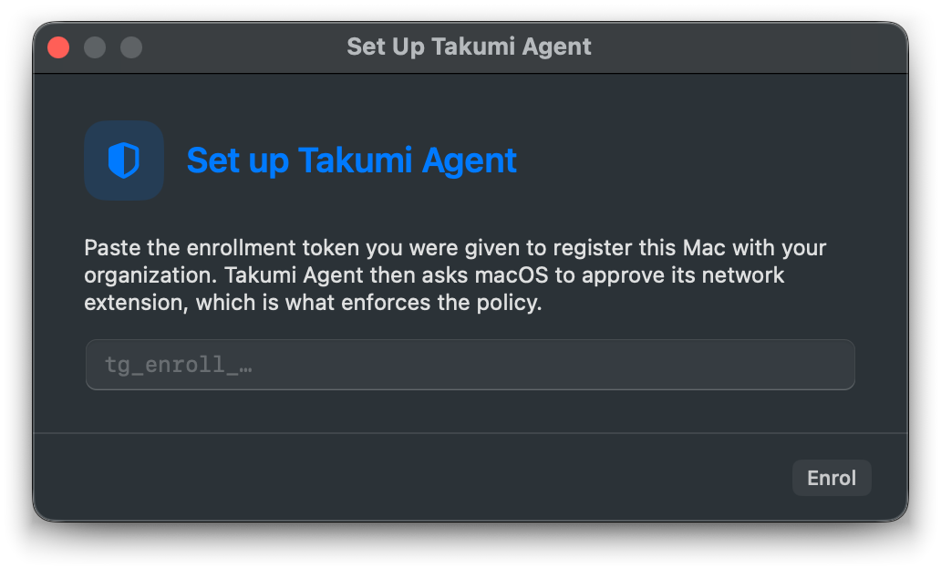 The setup window asking for the enrollment key