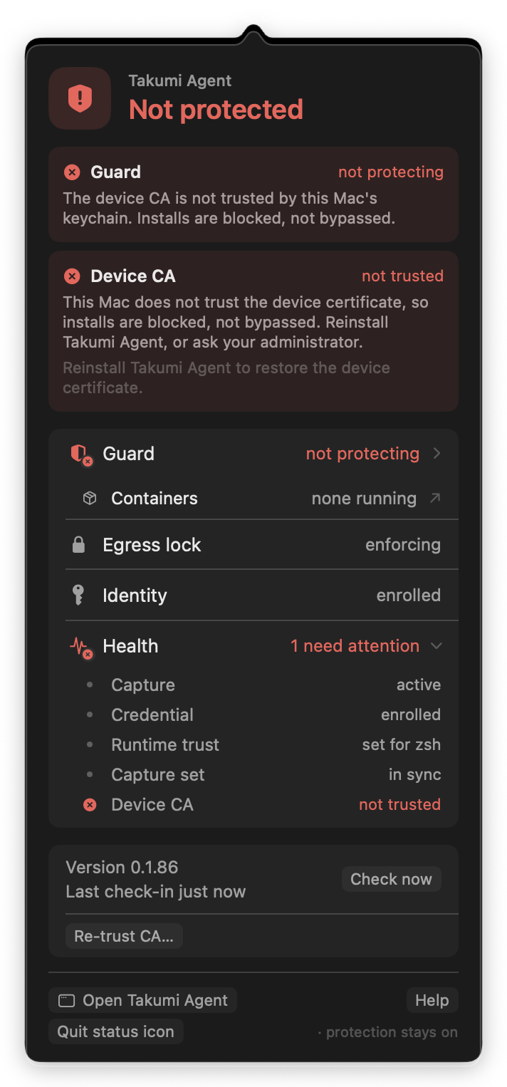 The menu bar panel of a Not protected device with the Re-trust CA button