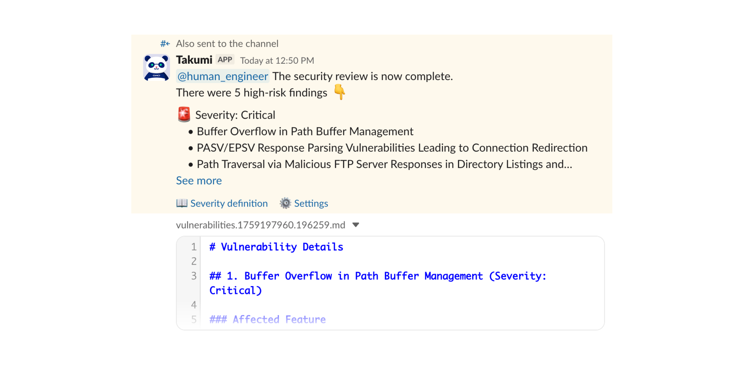 Takumi outputting the assessment report in Markdown format on Slack
