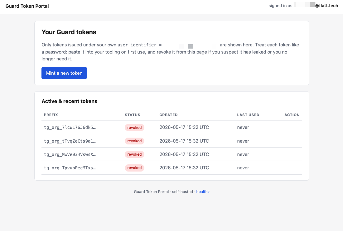 Manage view — the caller's own tokens with a per-row Revoke action