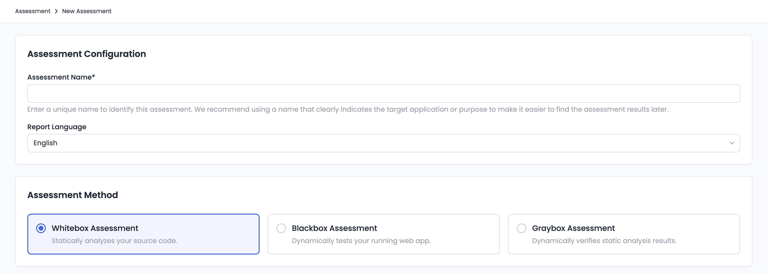 Whitebox assessment start dialog