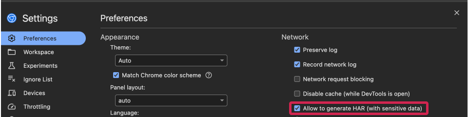 Allow to generate HAR (with sensitive data)」のチェックが入っている